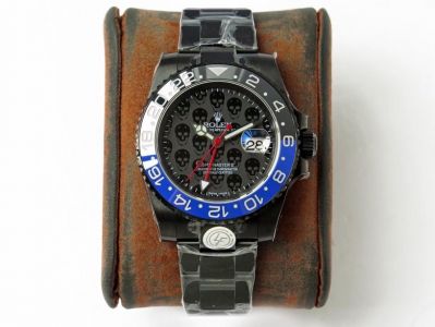 Swiss Replica Rolex Titan Black GMT Master II Skull Dial Black Blue Ceramic Bezel Watch